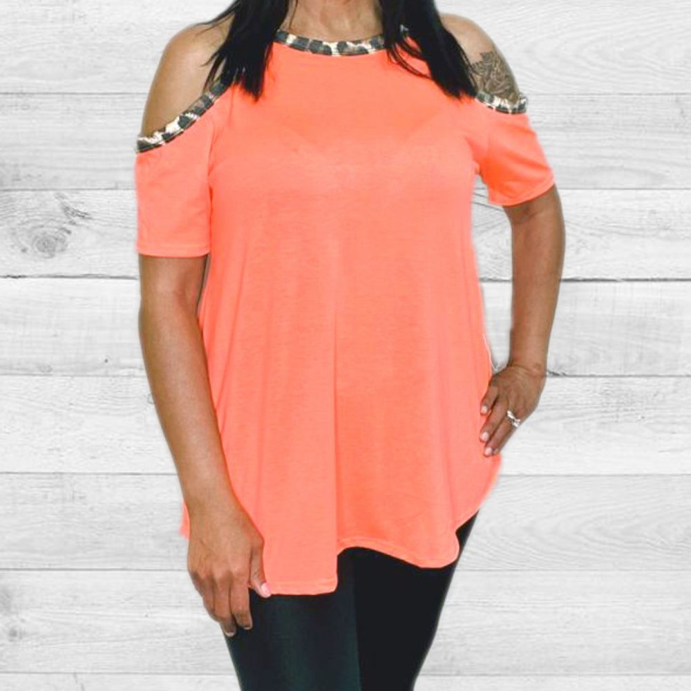 Like new, open shoulder, neon orange/leopard tunic